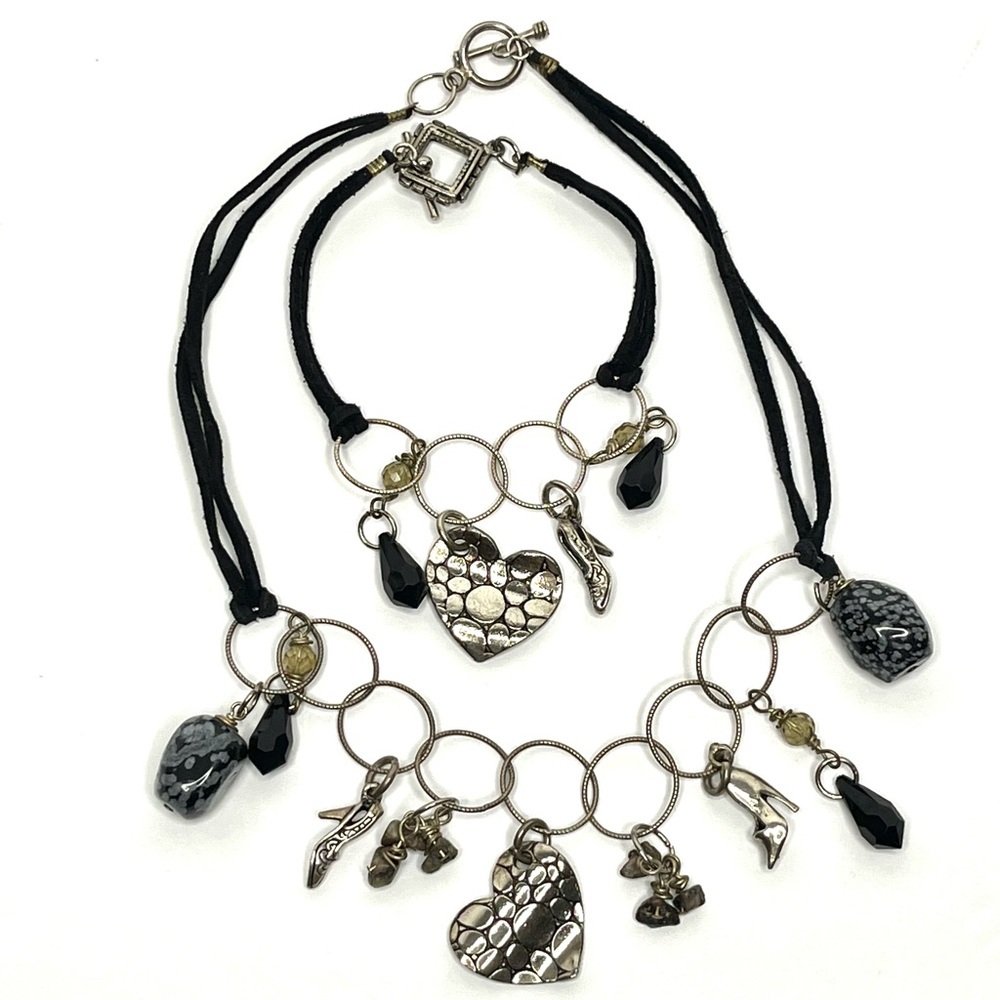 Handmade Girly Leather Necklace & Bracelet Set with 925 Silver Heart/Shoe Charms